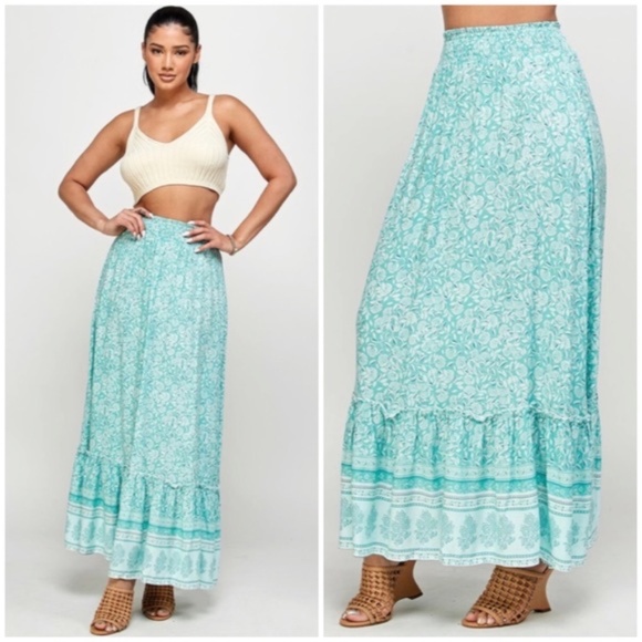 Green Tea Floral Gypsy Boho Bohemian Border Full Length Ruffle Casual Maxi Skirt - Picture 1 of 3